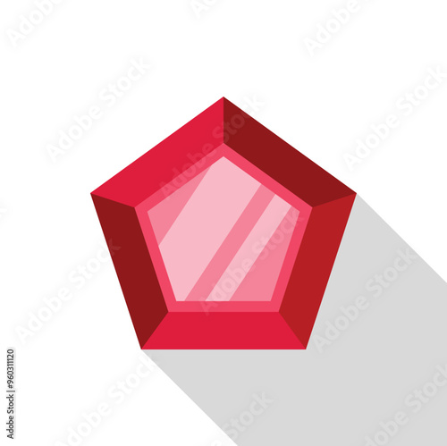 Red pentagon gemstone reflecting light, casting a long shadow below