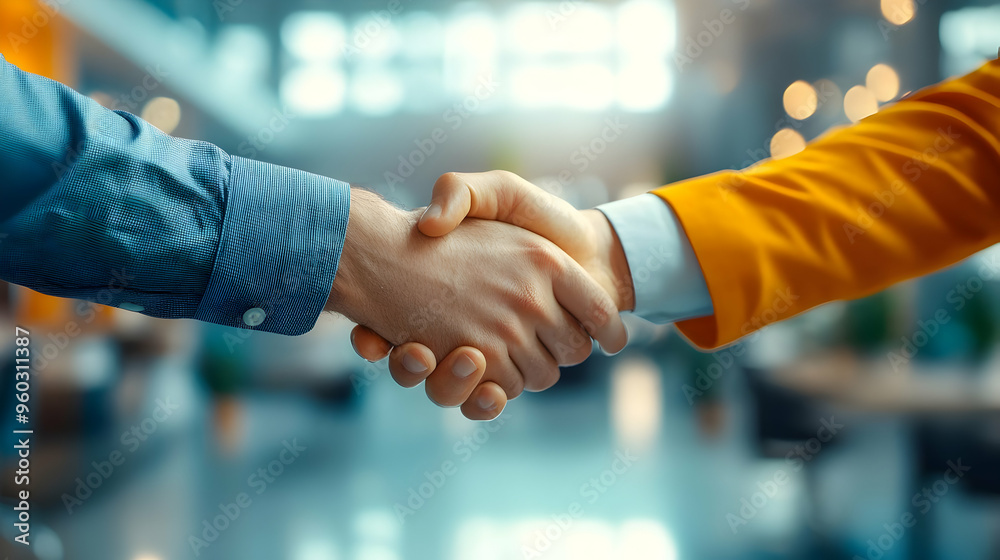Two hands shaking in a professional setting, symbolizing agreement. Two hands shaking in a professional setting, symbolizing agreement.