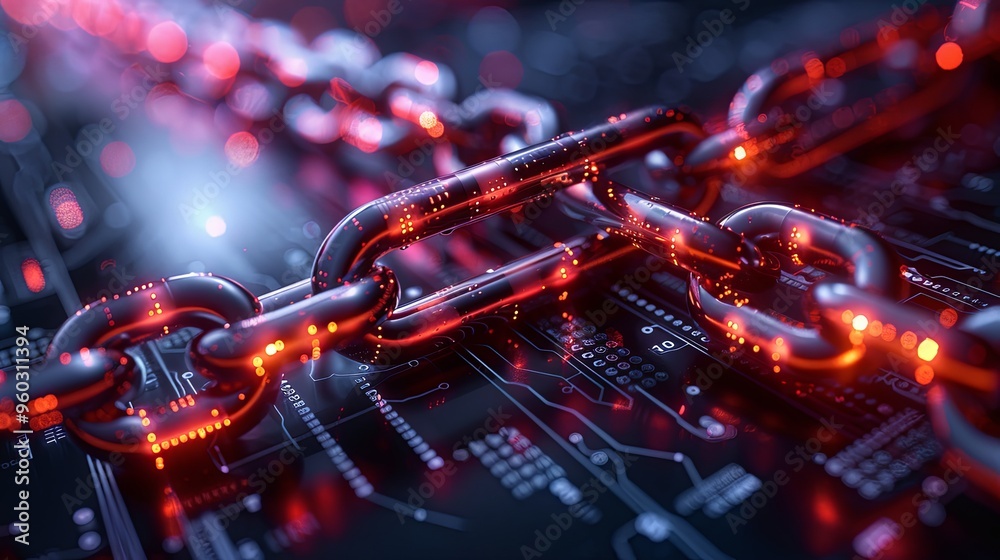  Block chain network concept , distributed register technology, block chain text and computer connection. 3D Rendering