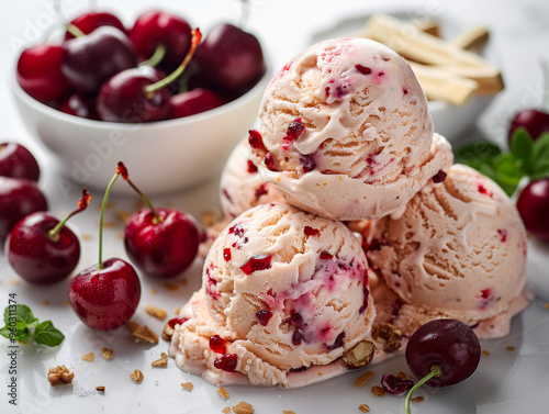 A trio of cherry ice cream scoops, filled with bright cherry chunks, is served on a white surface surrounded by fresh cherries and granola, creating a vibrant and refreshing dessert scene.