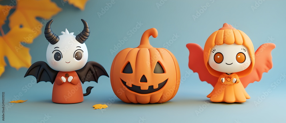 Naklejka premium A vector set of 3 Halloween characters in 3d clay design, including a Devil, Jack-o'-lantern with the silly face, and an cute Angel, adorable and festive, isolated on a clean pastel color background