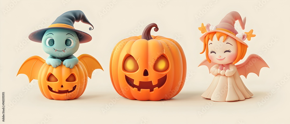 A vector set of 3 Halloween characters in 3d clay design, including a Devil, Jack-o'-lantern with the silly face, and an cute Angel, adorable and festive, isolated on a clean pastel color background A vector set of 3 Halloween characters in 3d clay design, including a Devil, Jack-o'-lantern with the silly face, and an cute Angel, adorable and festive, isolated on a clean pastel color background