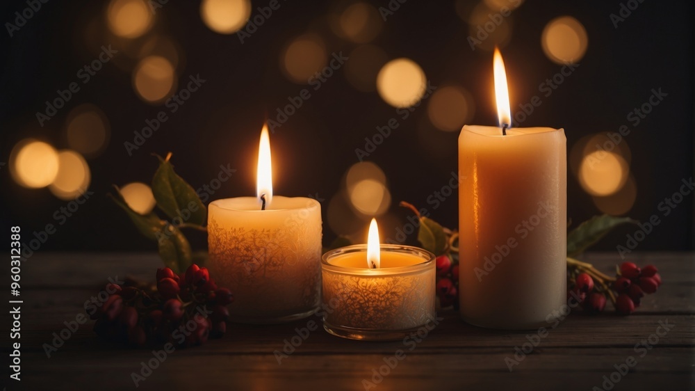 Two lit candles on wooden surface in dim lighting symbolize warmth and tranquility. Two lit candles on wooden surface in dim lighting symbolize warmth and tranquility.