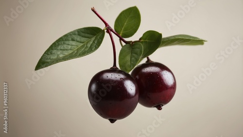 Two ripe black cranberries with green leaf on neutral background. photo