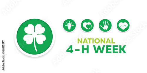 National 4 - H Week. Clover leaves, lamp, heart and more. Great for cards, banners, posters, social media and more. White background.