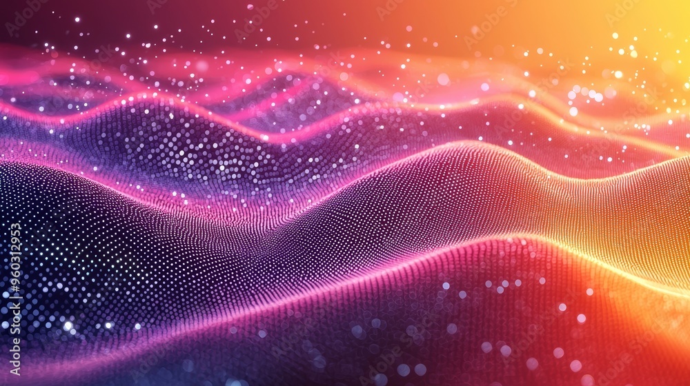 Abstract digital waves with vibrant colors and glowing particles create a stunning visual effect in a surreal landscape Abstract digital waves with vibrant colors and glowing particles create a stunning visual effect in a surreal landscape