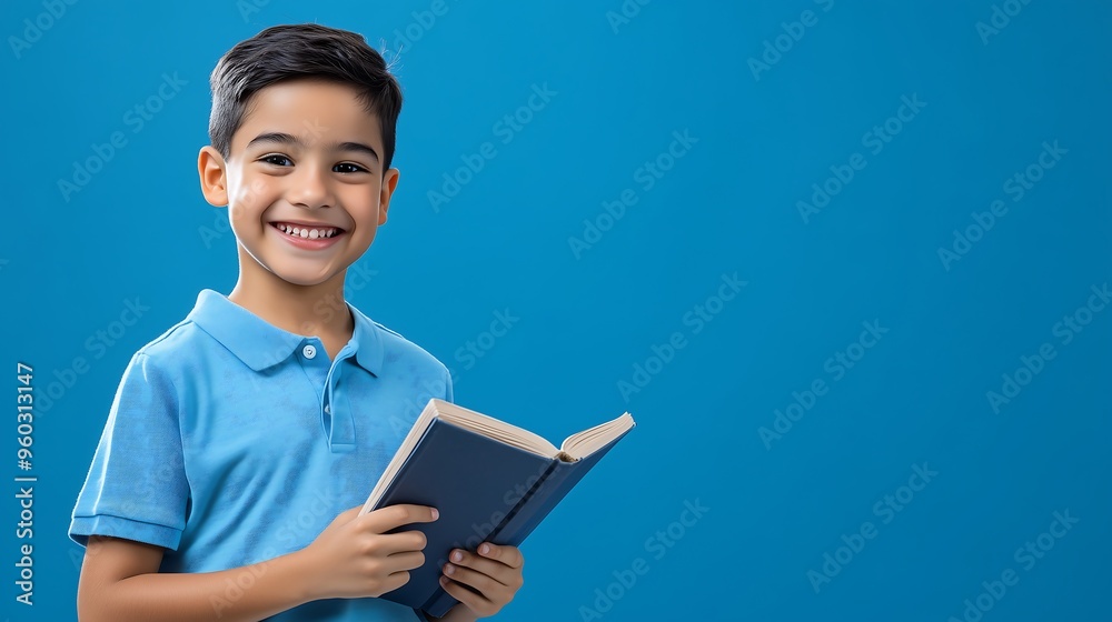 A young boy smiling while standing and reading a book, positioned on the left side of the image.His hands holding the book should be clearly visible. A young boy smiling while standing and reading a book, positioned on the left side of the image.His hands holding the book should be clearly visible.