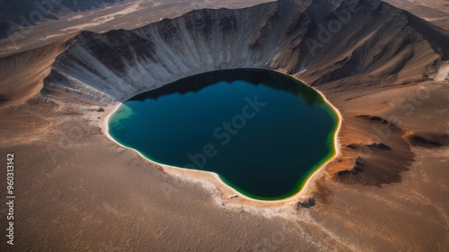 Stunning Aerial View of Dramatic Volcanic Crater Lake in Arid Desert Landscape. photo