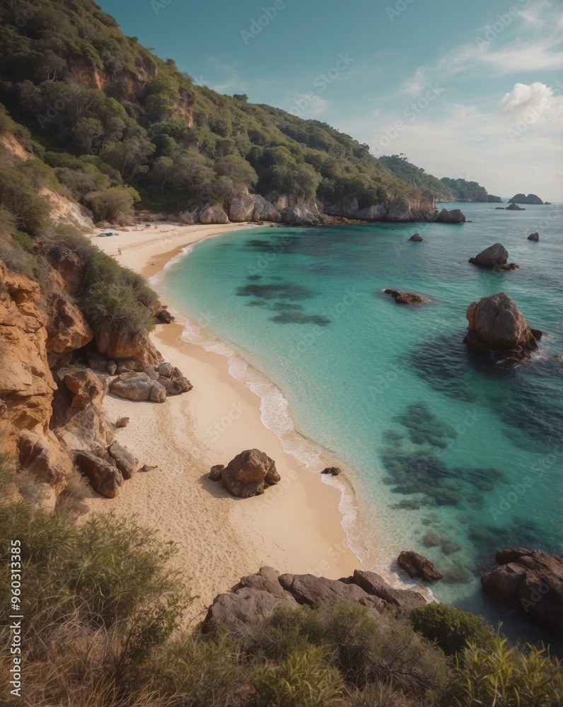 Fototapeta premium Tropical Cove with Crystal Clear Waters and Sandy Beach Surrounded by Rocky Cliffs.
