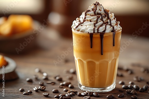 A refreshing iced coffee drink is elegantly presented in a clear glass, adorned with whipped cream, chocolate syrup, and surrounded by coffee beans, creating a warm, inviting atmosphere photo