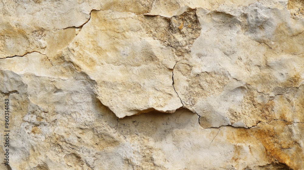 Naklejka premium Textured limestone wall background with natural pits and grooves, creating a rustic, aged look.