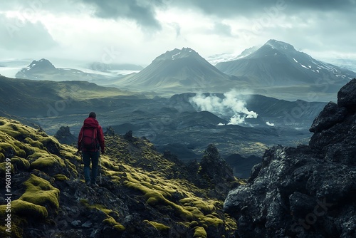 A solitary hiker traverses a rugged volcanic terrain, surrounded by mossy rocks and distant snow-capped mountains, with a dramatic sky overhead in Iceland