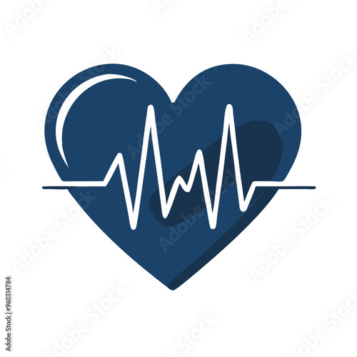 Blue Heart Silhouette with White Electrocardiogram Line Representing Heartbeat and Vital Signs