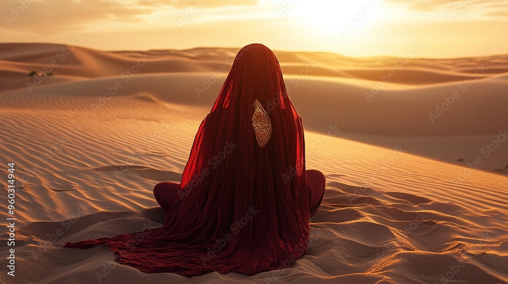 A figure in a red cloak sits serenely on desert sand, wearing a golden mask under the sun’s warm glow in the early afternoon A figure in a red cloak sits serenely on desert sand, wearing a golden mask under the sun’s warm glow in the early afternoon