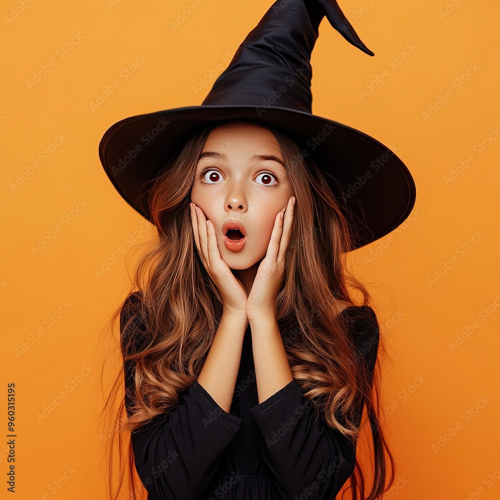 A surprised girl wearing a witch hat and black dress against a vibrant orange background during a Halloween celebration A surprised girl wearing a witch hat and black dress against a vibrant orange background during a Halloween celebration