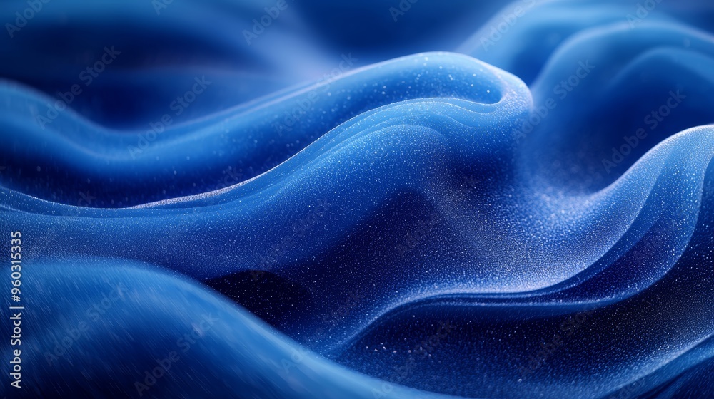 Textured blue fabric creating flowing waves under soft light in a close-up view, showcasing intricate patterns and shades in a serene atmosphere