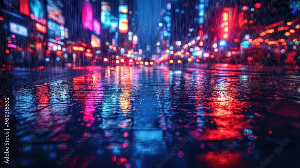 cityscape reflected in rainsoaked pavement vibrant bokeh lights night scene urban atmosphere cinematic mood