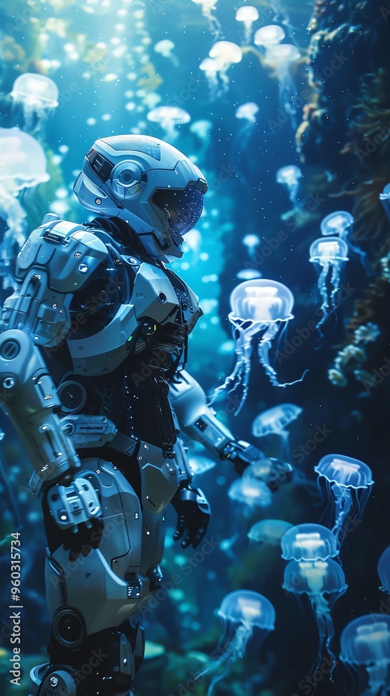 A futuristic robot exploring a vibrant underwater world filled with glowing jellyfish in a serene blue environment. A futuristic robot exploring a vibrant underwater world filled with glowing jellyfish in a serene blue environment.