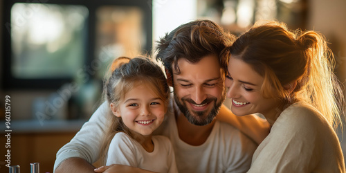Happy Family Morning Routine. Smiling family of three enjoying a cozy morning together.