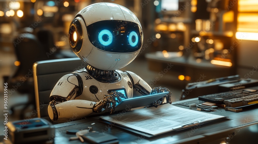 A robot engaged in office focused on a stack of paperwork A robot engaged in office focused on a stack of paperwork