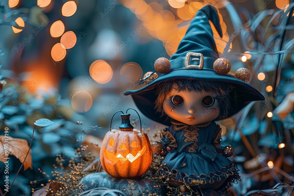 Naklejka premium Adorable vampire holding a pumpkin lantern in a festive Halloween garden