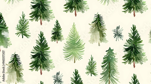 Seamless pattern with delicate green Christmas Tree. Decorative background with hand painted evergreen fores tree. Winter holiday design perfect for wallpaper and scrapbooking