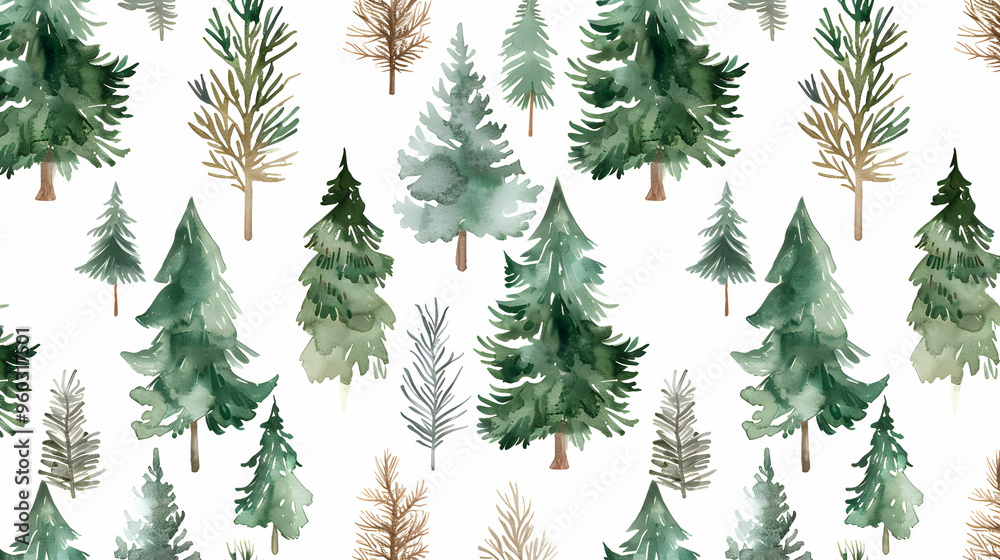 Seamless pattern with watercolor pine trees and spruces, hand drawn on white background Seamless pattern with watercolor pine trees and spruces, hand drawn on white background