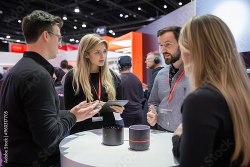 Product demo at a tech expo with curious attendees, interactions, tech showcase, innovation spotlight photo