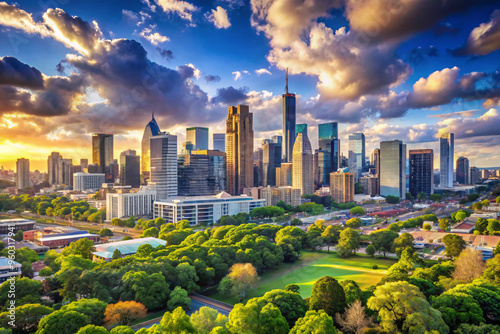 A stunning city skyline at sunrise, framed by lush green trees. The golden sunlight contrasts against the tall buildings, creating a serene atmosphere
