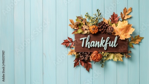 A beautiful display of autumn leaves and pinecones with a 'Thankful' sign, perfect for seasonal decor and Thanksgiving themes.