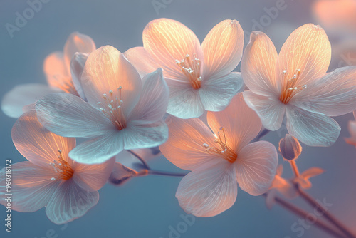 A bouquet of ethereal flowers with transparent petals in shades of pale yellow and white, softly illuminated as if in a gentle fog, isolated on a pastel lavender background,