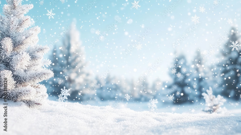 White Christmas background with sparkling snowflakes falling gently against a soft-focus winter landscape with trees White Christmas background with sparkling snowflakes falling gently against a soft-focus winter landscape with trees