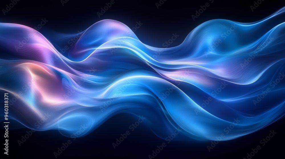 Flowing abstract waves of blue and purple light created in a digital artwork display Flowing abstract waves of blue and purple light created in a digital artwork display