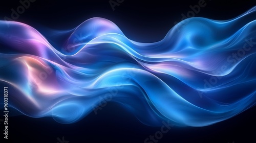 Flowing abstract waves of blue and purple light created in a digital artwork display