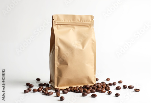 A coffee concept prepared for mockup, with a craft coffee package  and coffee beans on white background