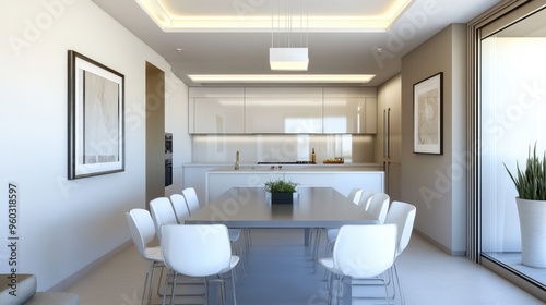 White dining area with a sleek table, stylish chairs, and an overhead light fixture, perfect for hosting dinners.