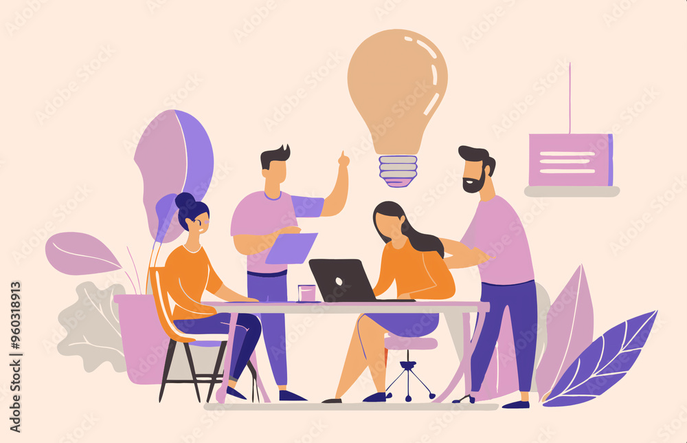 An illustration showing four people around a table brainstorming, with a large lightbulb overhead symbolizing creativity, teamwork, and idea generation An illustration showing four people around a table brainstorming, with a large lightbulb overhead symbolizing creativity, teamwork, and idea generation