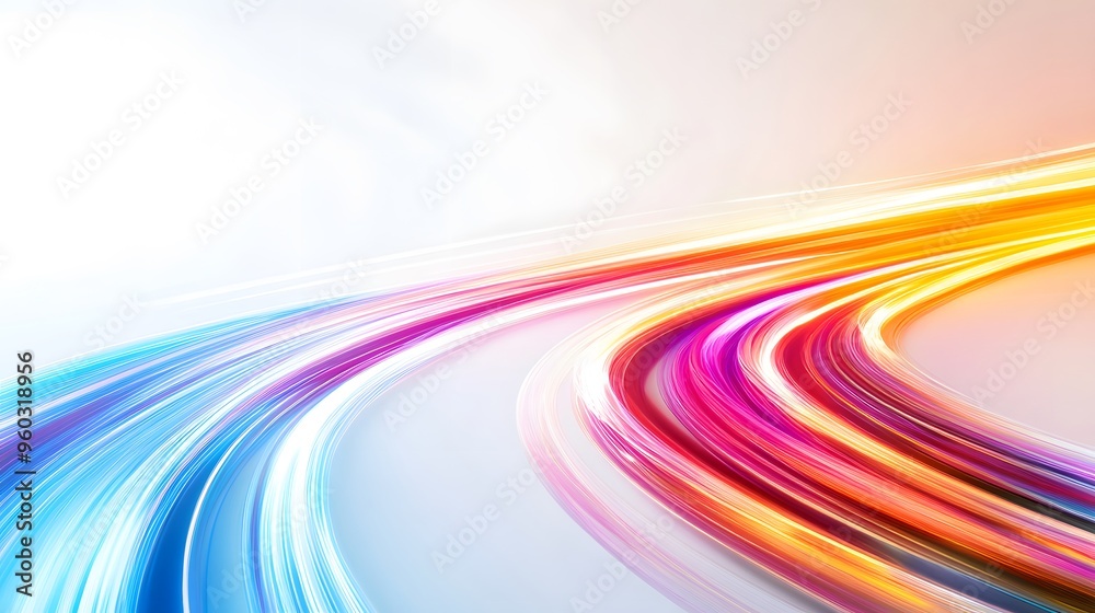 Neon Light Trails: Bright neon light trails curving and weaving through the frame, creating abstract shapes on a white background.
