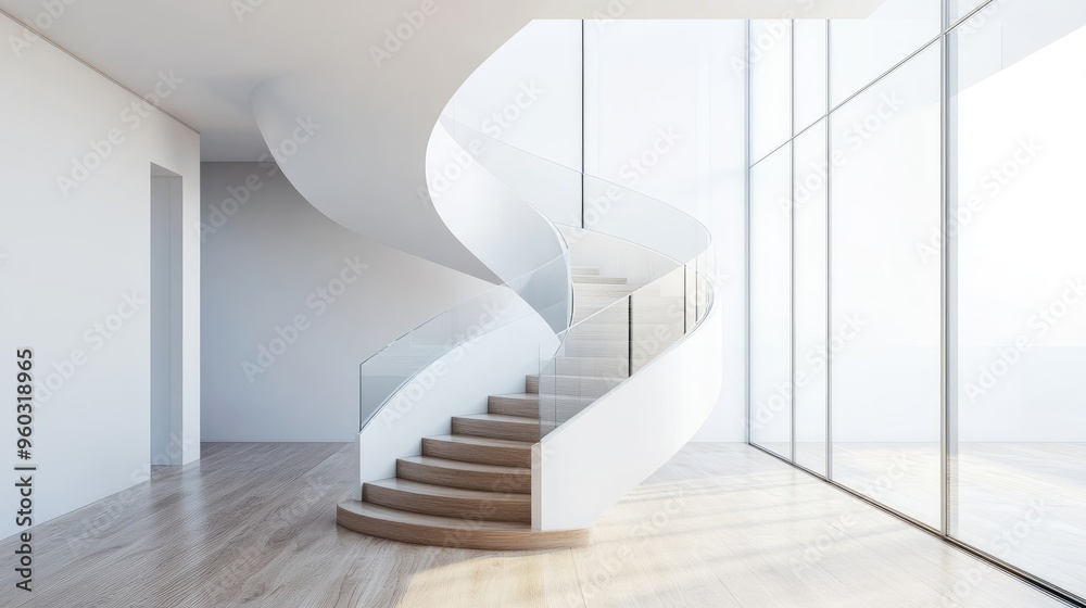 Obraz premium White home interior with an elegant staircase, wooden steps, and a glass railing, adding sophistication.
