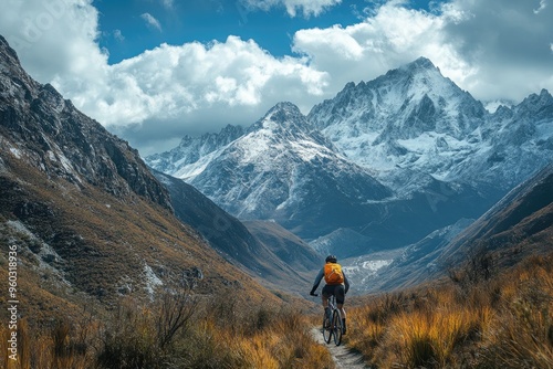 A cyclist rides a mountain bike path with snow-capped mountains in the background. This image is ideal for use in travel brochures, outdoor recreation publications, or adventure-themed content.