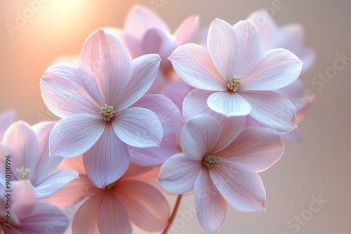 Wallpaper Mural A bouquet of ethereal flowers with petals in soft pastel purple and white, surrounded by a halo of soft, diffused light, isolated on a pastel beige background, Torontodigital.ca