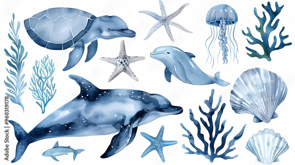 Set of sea animals. Blue watercolor ocean fish, turtle, whale and coral. Shell aquarium background. Nautical dolphin marine illustration, jellyfish, starfish Set of sea animals. Blue watercolor ocean fish, turtle, whale and coral. Shell aquarium background. Nautical dolphin marine illustration, jellyfish, starfish