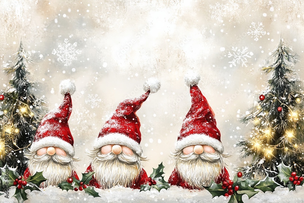 Obraz premium A charming painting on a white background showing three cheerful Christmas gnomes