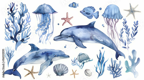 Set of sea animals. Blue watercolor ocean fish, turtle, whale and coral. Shell aquarium background. Nautical dolphin marine illustration, jellyfish, starfish photo