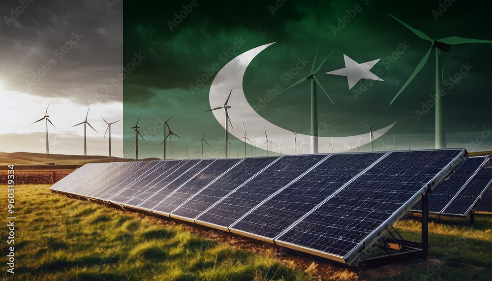 A field of solar panels and wind turbines with the Pakistan flag ...