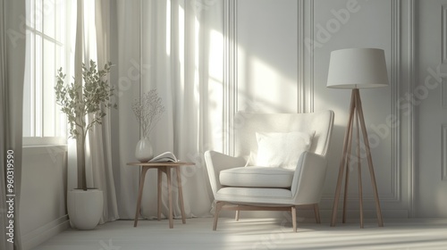 White interior of a cozy reading corner with a comfortable chair, side table, and a floor lamp photo