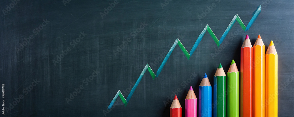 Colored pencils arranged in ascending height, with a chalk-drawn line indicating upward growth, symbolize education, creativity, and progress Colored pencils arranged in ascending height, with a chalk-drawn line indicating upward growth, symbolize education, creativity, and progress