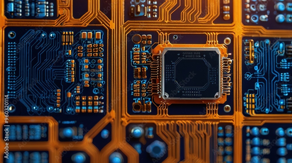 Fototapeta premium Orange, blue technology background/Orange and blue technology background circuit board and code