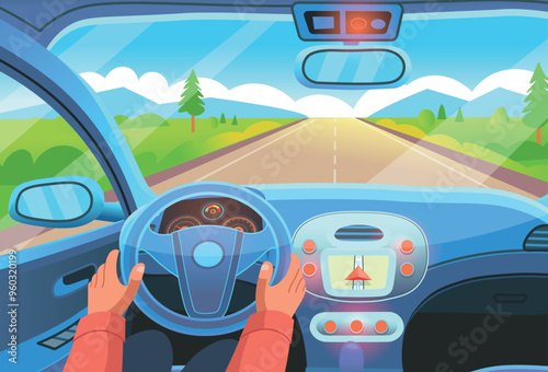 Car interior, driver controls the car, hand on the steering wheel, view of the driver inside the car with steering wheel, dashboard and road, illustration in flat style. cartoon vector illustration