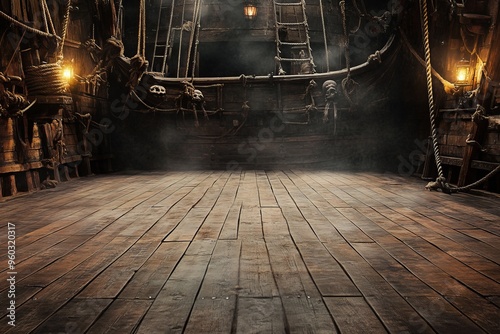Background of an empty pirate ship deck for a theater stage scene